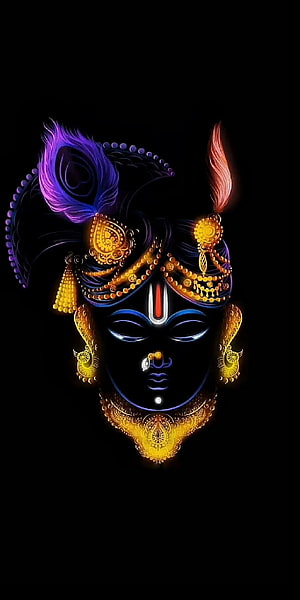 Lord Krishna Digital Art Portrait With Peacock Feather Crown And Golden Jewelry HD phone wallpaper