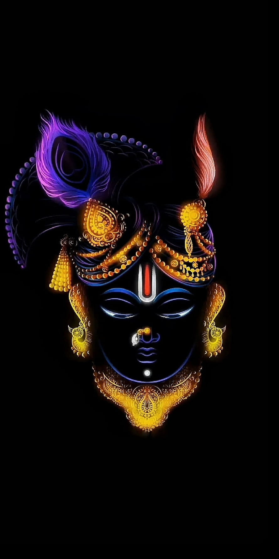 Lord Krishna Digital Art Portrait With Peacock Feather Crown And Golden Jewelry HD phone wallpaper