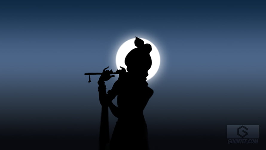 Silhouette of Krishna Playing Flute Against Full Moon HD wallpaper