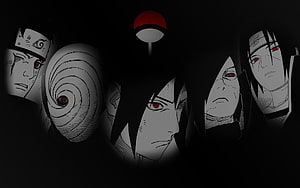 Uchiha Clan Members and Sharingan Eyes in Dark Monochrome Anime Illustration HD wallpaper