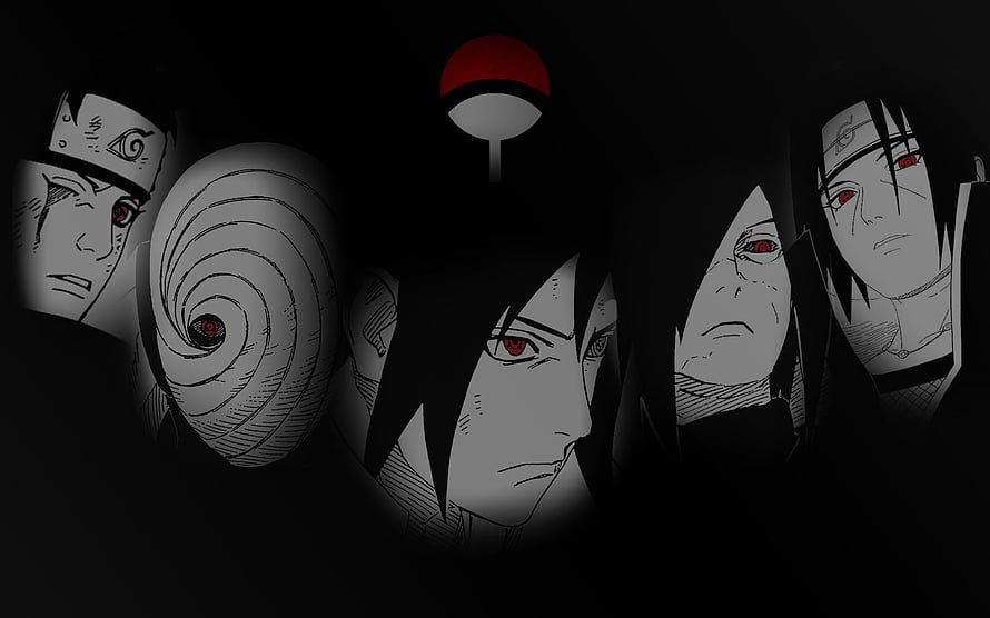 Uchiha Clan Members and Sharingan Eyes in Dark Monochrome Anime Illustration HD wallpaper