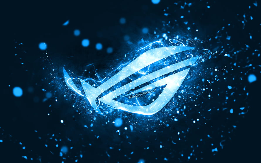Glowing Blue Republic of Gamers Logo with Electric Particles on Dark Background HD wallpaper