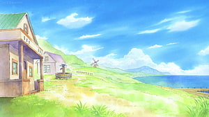 One Piece Coastal Village Landscape with Windmill and Ocean View HD wallpaper