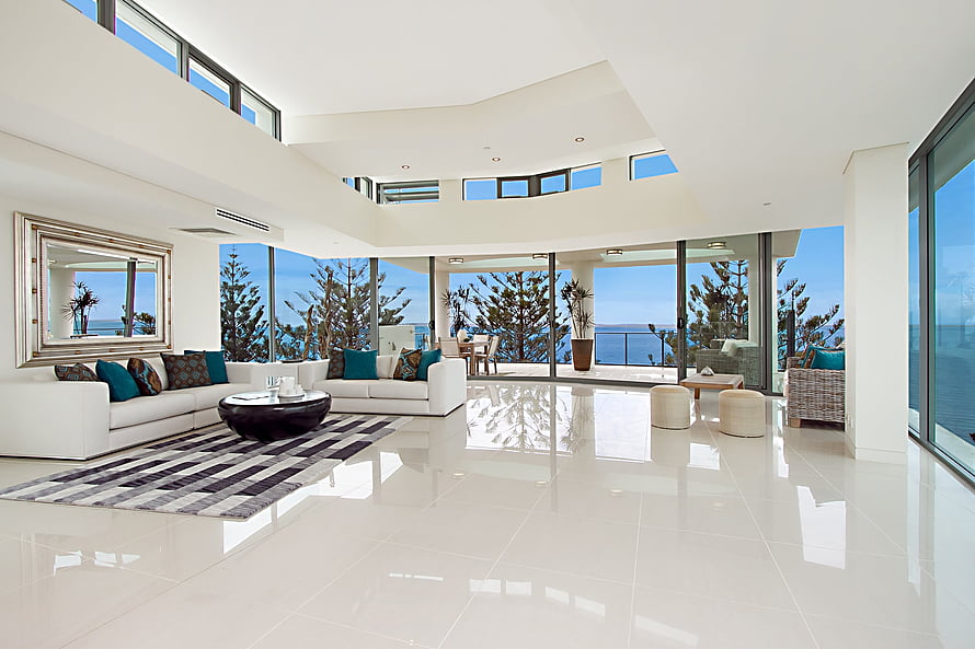Modern Luxury Living Room With Floor To Ceiling Windows And Ocean View HD wallpaper