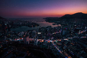 Aerial View of Busan Harbor at Twilight with Starry Sky and City Lights HD wallpaper