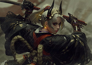Female Samurai Warrior Wielding Katana in Rainy Storm Fantasy Illustration HD wallpaper