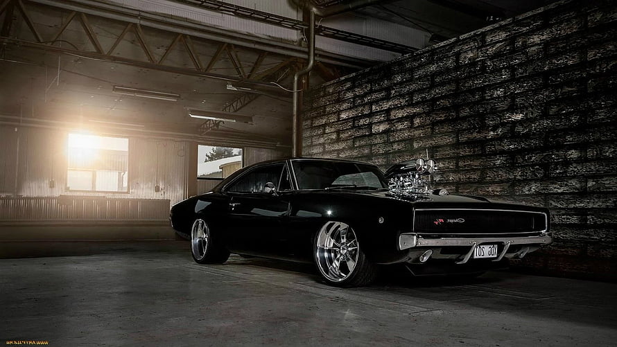 Black 1969 Dodge Charger R/T with Supercharger in Industrial Warehouse HD wallpaper