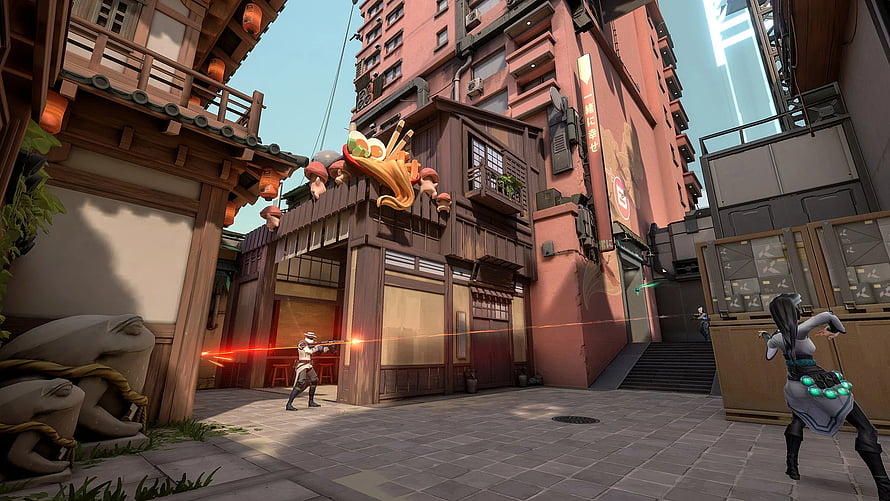Valorant Ascent Map Screenshot Featuring Agent Combat in Japanese Street Setting HD wallpaper