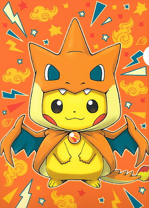 Pikachu Wearing Mega Charizard Y Hoodie on Vibrant Orange Background HD phone wallpaper