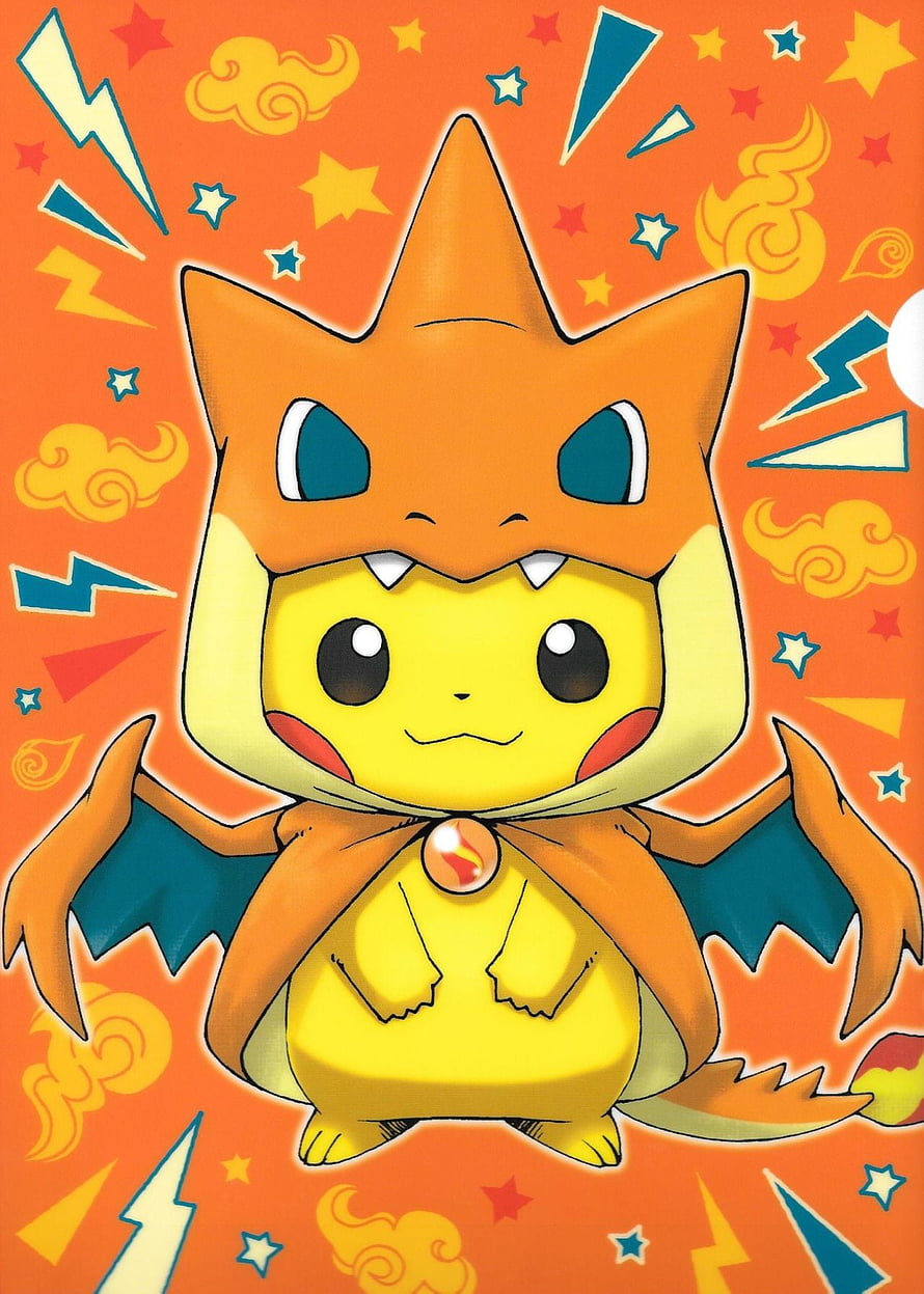 Pikachu Wearing Mega Charizard Y Hoodie on Vibrant Orange Background HD phone wallpaper