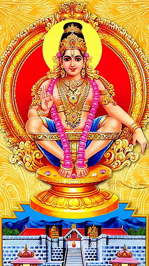 Lord Ayyappa Devotional Portrait with Golden Halo and Temple Setting HD phone wallpaper