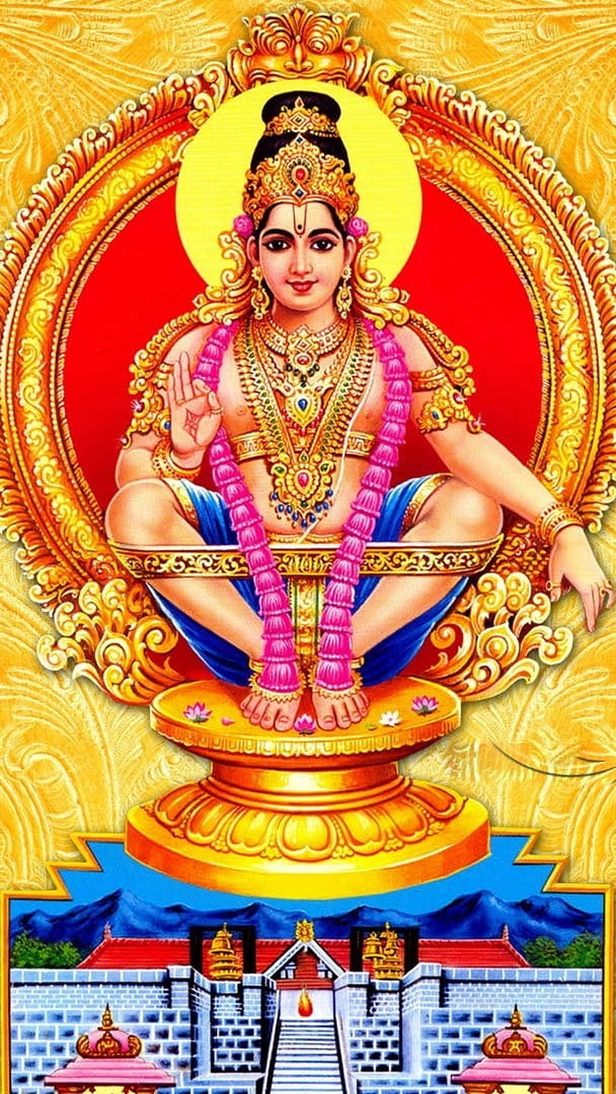 Lord Ayyappa Devotional Portrait with Golden Halo and Temple Setting HD phone wallpaper