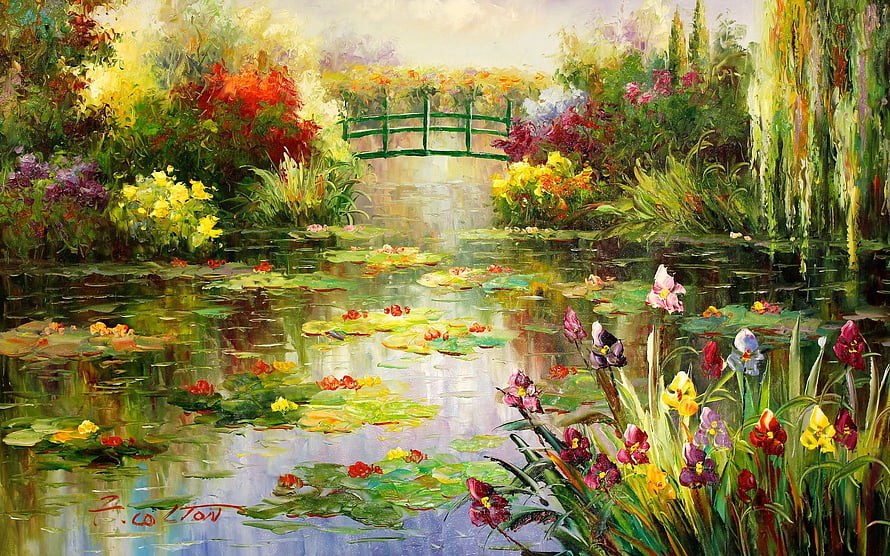 Serene Garden Pond With Green Bridge And Colorful Water Lilies Oil Painting HD wallpaper