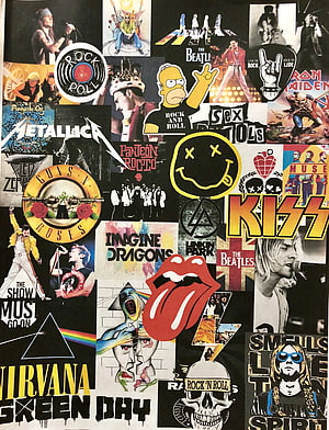 Rock and Roll Music Band Collage Wallpaper Featuring Classic Logos and Album Art HD phone wallpaper