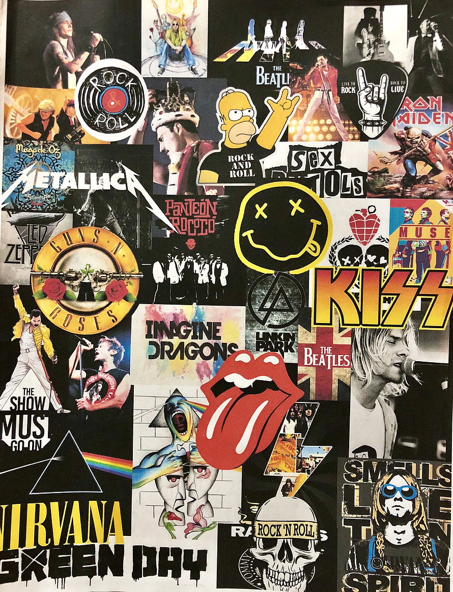 Rock and Roll Music Band Collage Wallpaper Featuring Classic Logos and Album Art HD phone wallpaper
