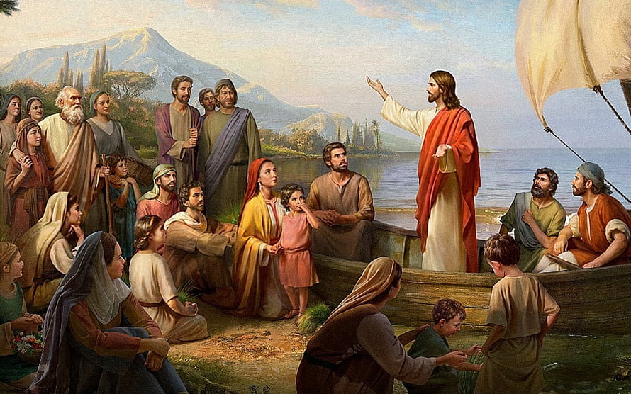 Jesus Preaching to the Crowd by the Sea in a Classic Religious Painting HD wallpaper