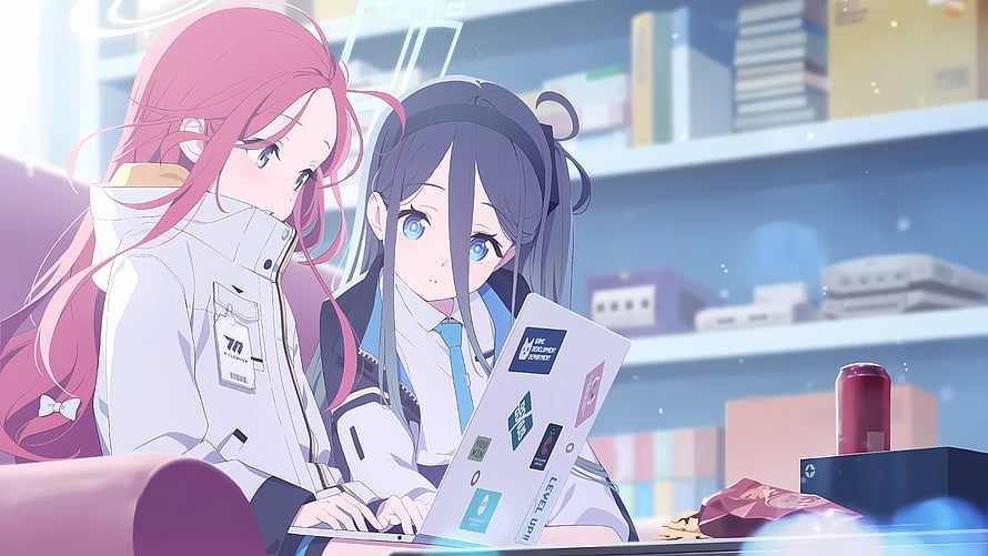 Hanaoka Yuzu and Tendou Alice from Blue Archive Sharing a Laptop in a Cozy Study Room HD wallpaper