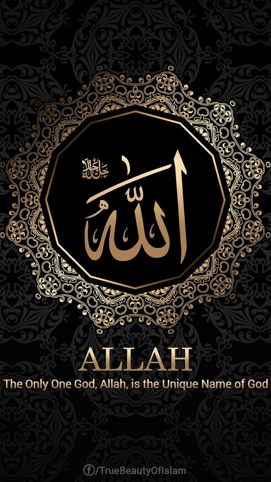 Elegant Gold Arabic Calligraphy of Allah on Black Background with Intricate Islamic Geometric Patterns HD phone wallpaper