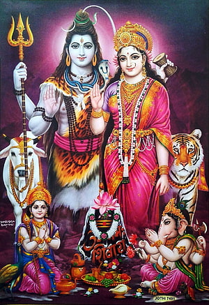 Lord Shiva and Goddess Parvati with Ganesha and Kartikeya in Traditional Indian Art HD phone wallpaper