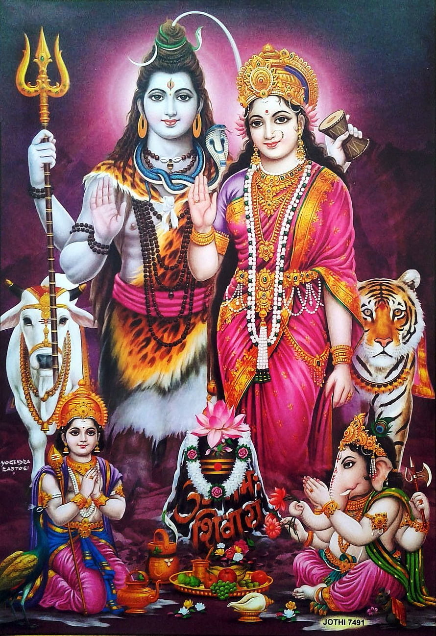 Shiv Parvati with Ganesha and Nandi in Traditional Indian Devotional Art HD phone wallpaper