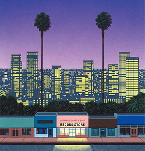 Hiroshi Nagai Record Store Illustration with Palm Trees and City Skyline at Dusk HD phone wallpaper