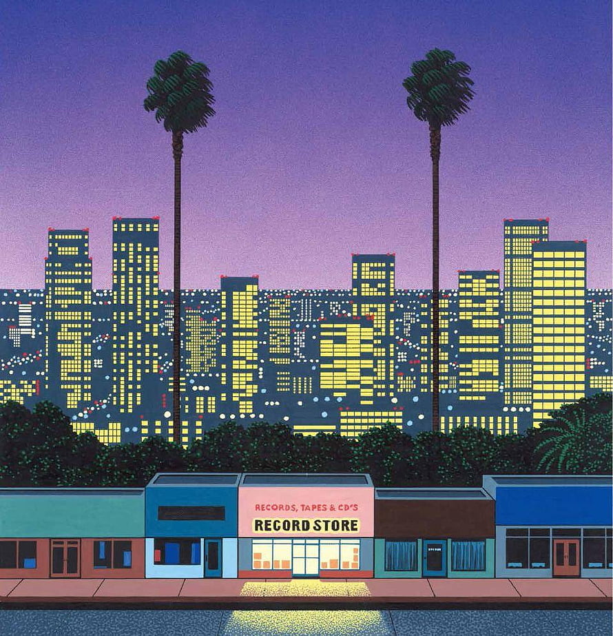 Hiroshi Nagai Record Store Illustration with Palm Trees and City Skyline at Dusk HD phone wallpaper