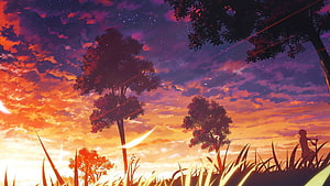 Anime Girl Playing Violin Under Trees at Sunset HD wallpaper
