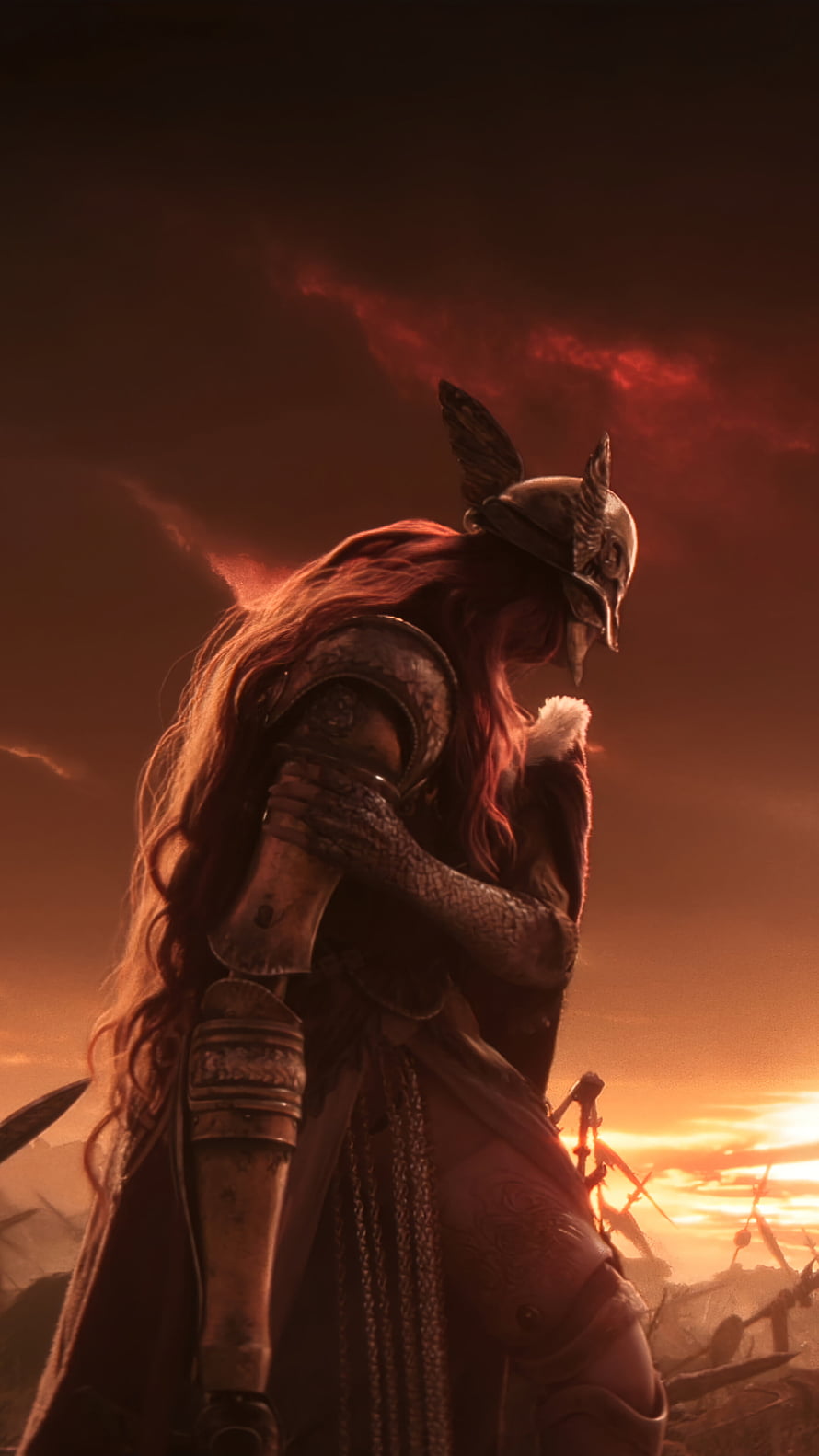 Elden Ring Warrior in Ornate Armor Against a Fiery Crimson Sky HD phone wallpaper