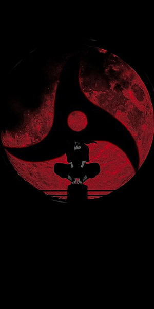 Itachi Uchiha Silhouette Before Red Moon and Mangekyou Sharingan Symbol HD phone wallpaper