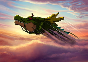 Goku Riding Shenron Dragon Through Colorful Sunset Clouds Anime Wallpaper HD wallpaper