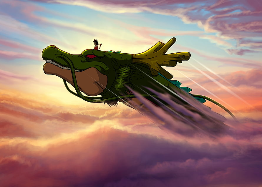 Goku Riding Shenron Dragon Through Colorful Sunset Clouds Anime Wallpaper HD wallpaper