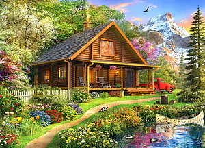 Cozy Log Cabin in Lush Garden with Mountain View and Vintage Red Truck HD wallpaper