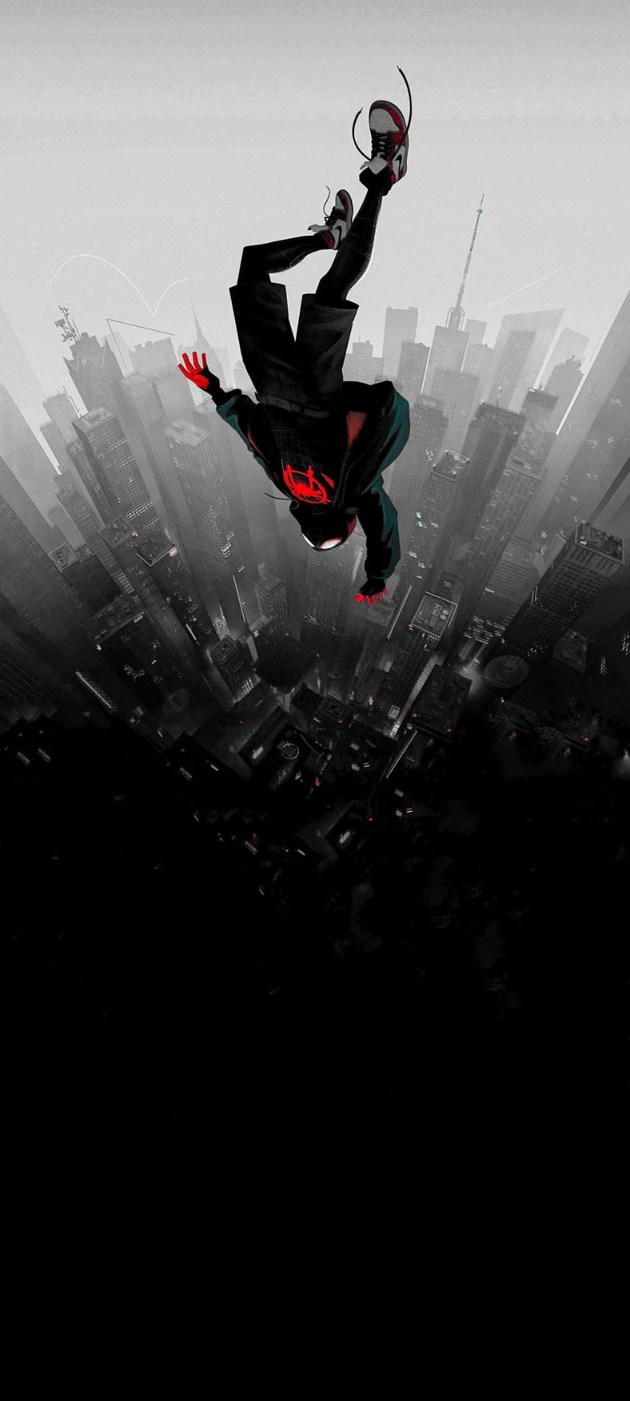 Miles Morales Spider-Man Falling Through City Skyline, Spider man BLACK, red, falling, , miles HD phone wallpaper