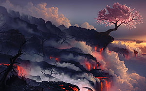Sakura Tree on Volcanic Cliffs with Lava Falls and Misty Japanese Landscape HD wallpaper