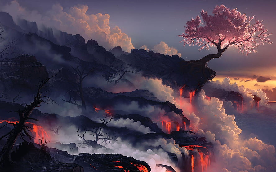 Sakura Tree on Volcanic Cliffs with Lava Falls and Misty Japanese Landscape HD wallpaper