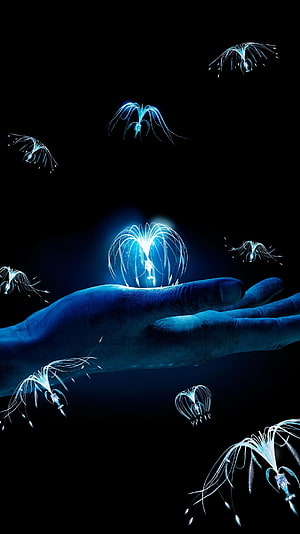 Glowing Bioluminescent Jellyfish Floating Around a Human Hand in Dark Blue Water, Avatar (2009) . Moviemania. Avatar poster, Avatar movie, Avatar tattoo, Pandora Planet HD phone wallpaper