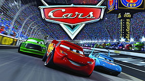 Cars Movie Poster Featuring Lightning McQueen Racing in a Packed Stadium HD wallpaper
