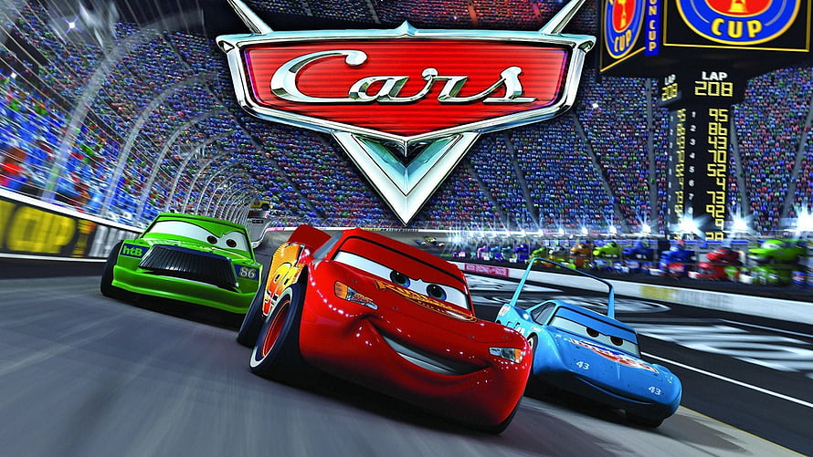 Cars Movie Poster Featuring Lightning McQueen Racing in a Packed Stadium HD wallpaper