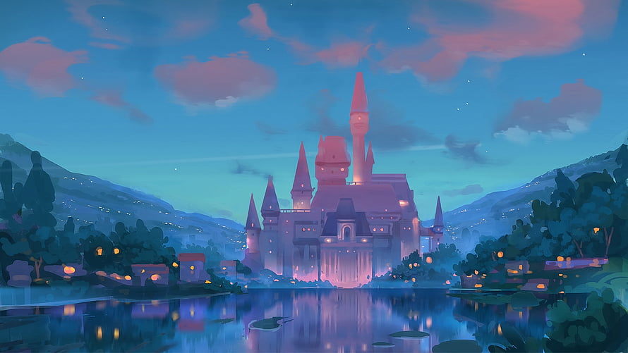 Enchanted Fantasy Castle at Dusk with Lake Reflection and Twilight Sky HD wallpaper