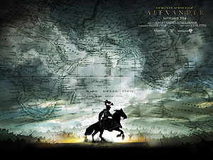 Alexander the Great Film Poster with Silhouette on Horseback Over Ancient World Map HD wallpaper