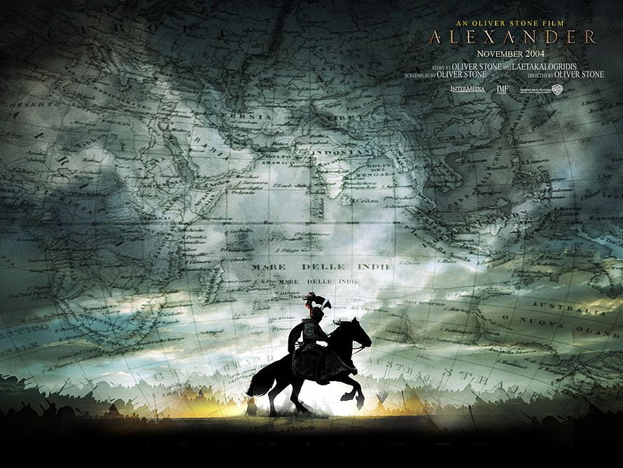 Alexander the Great Film Poster with Silhouette on Horseback Over Ancient World Map HD wallpaper