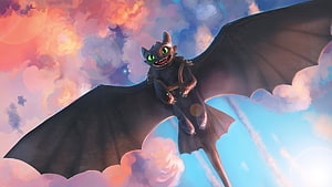 Toothless the Night Fury Soaring Through Vibrant Sunset Clouds in How to Train Your Dragon HD wallpaper