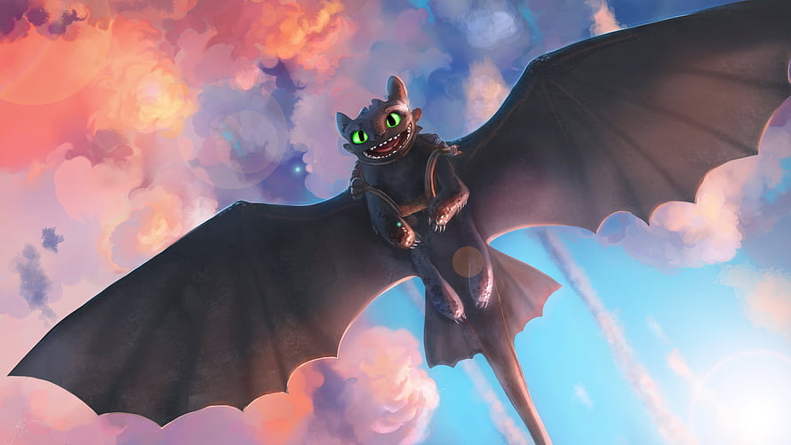 Toothless the Night Fury Soaring Through Vibrant Sunset Clouds in How to Train Your Dragon HD wallpaper