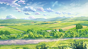 Vibrant Green Countryside Hills and Rolling Farmland in Anime Watercolor Style HD wallpaper