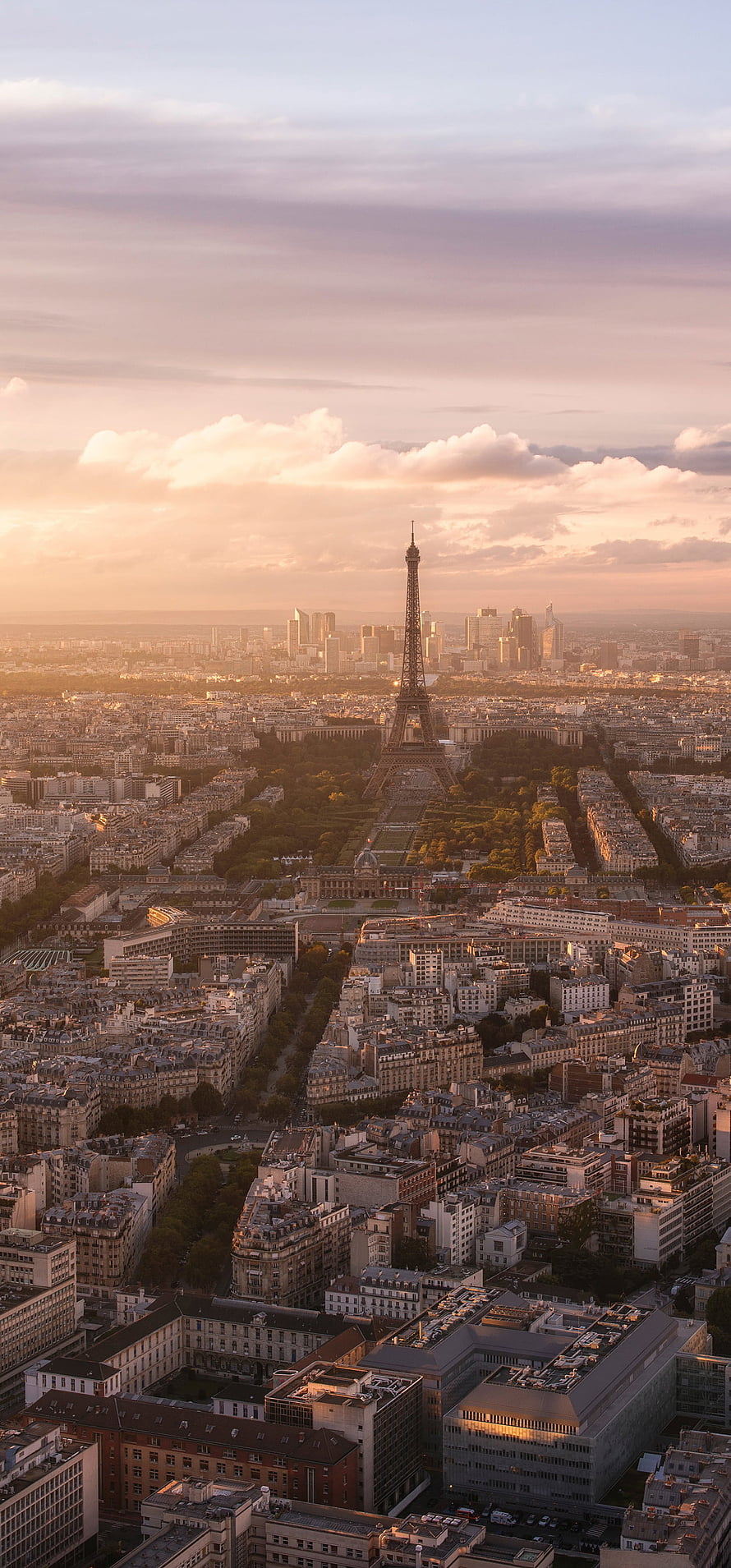 Aerial View of Paris Cityscape with Eiffel Tower at Golden Hour Sunset HD phone wallpaper