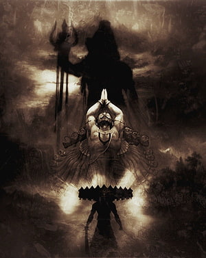 Dark Fantasy Artwork Featuring A Giant Multi-Armed Deity And A Silhouetted Warrior HD phone wallpaper