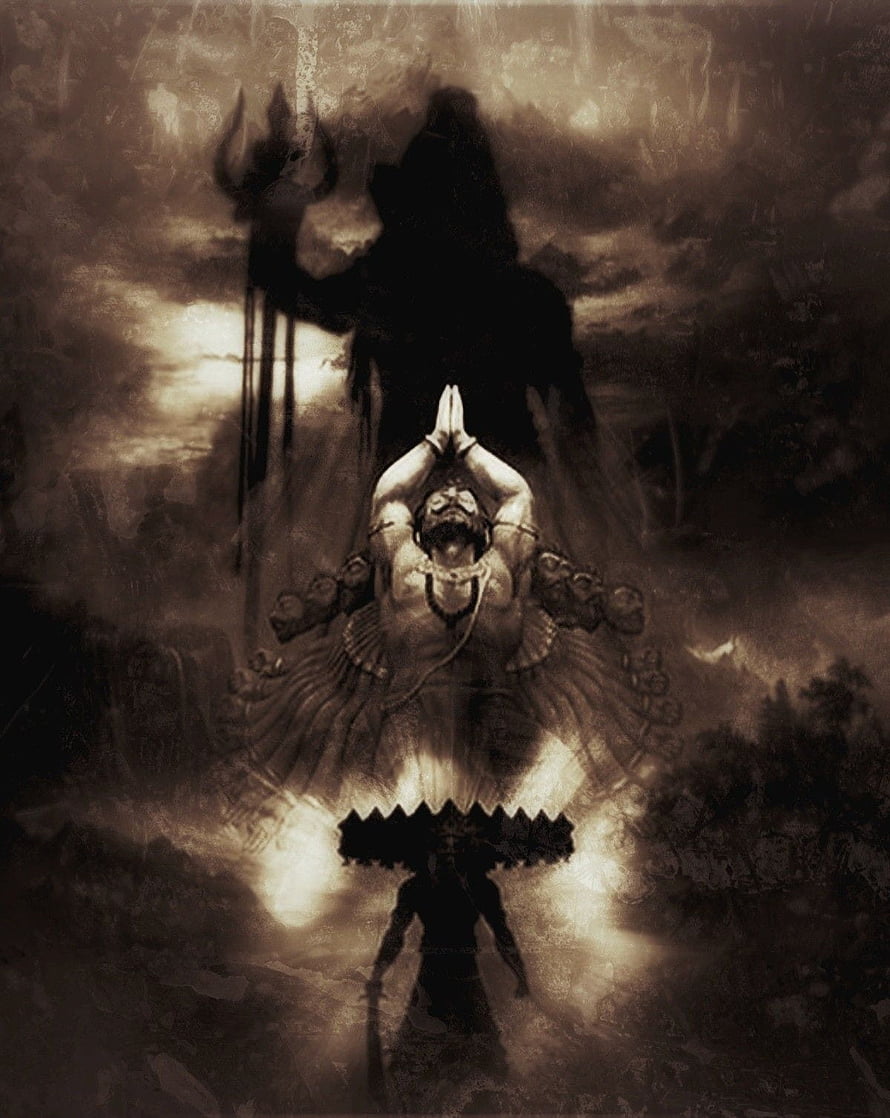 Dark Fantasy Artwork Featuring A Giant Multi-Armed Deity And A Silhouetted Warrior HD phone wallpaper