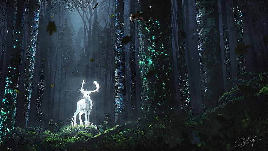 Glowing White Deer Patronus in a Dark Enchanted Forest with Bioluminescent Trees HD wallpaper