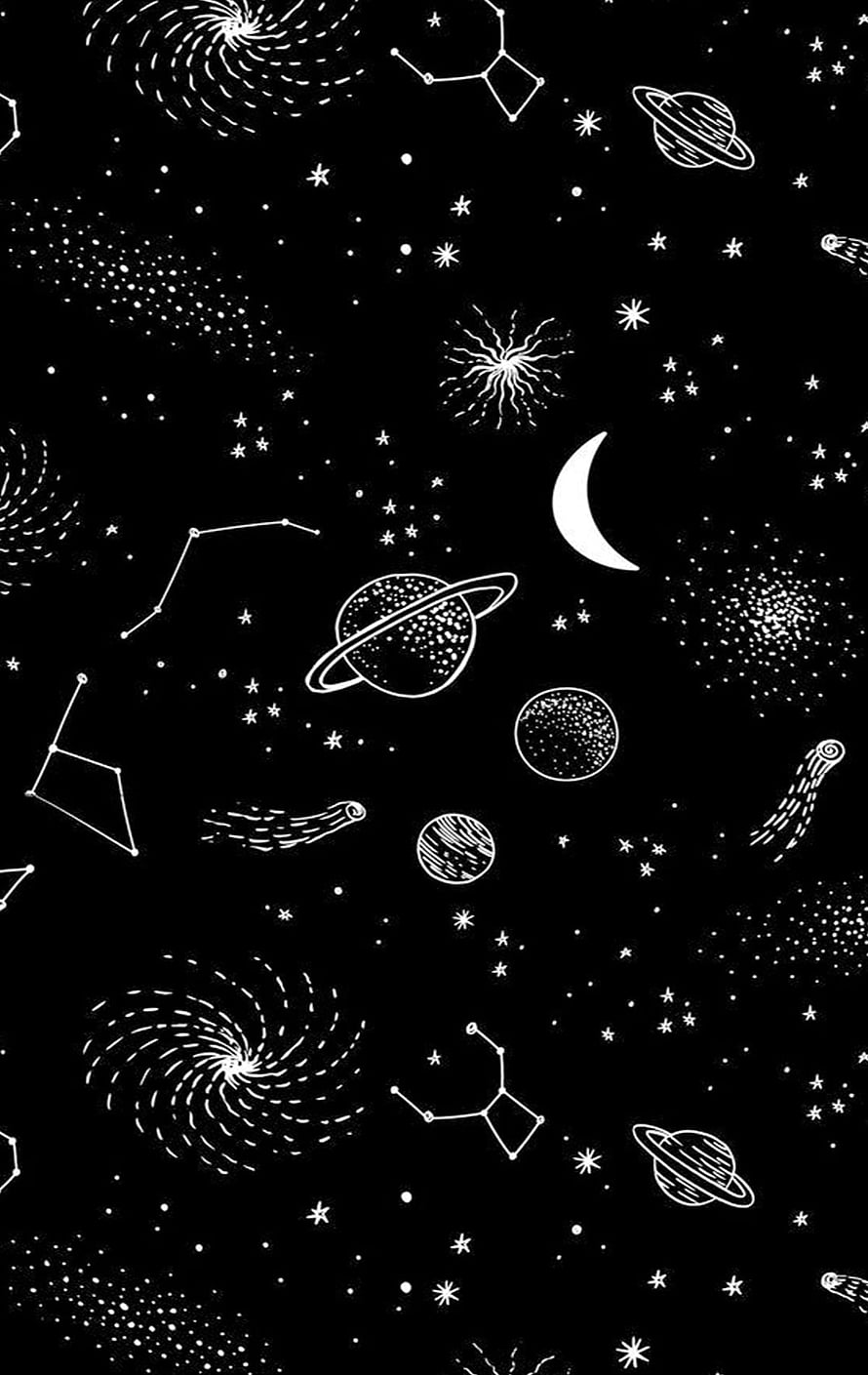 Black and White Space Illustration with Planets, Stars, and Constellations HD phone wallpaper