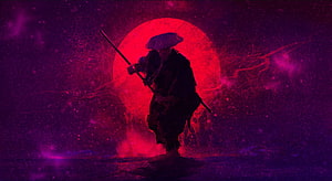 Silhouette of a Samurai Warrior Standing Before a Massive Crimson Moon in a Dark Purple Nebula HD wallpaper